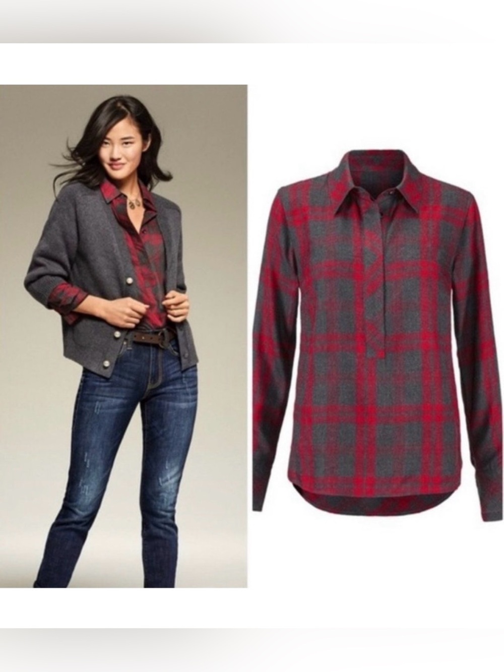 NWOT CAbi Cunningham Red and Gray Plaid Button-Down Shirt